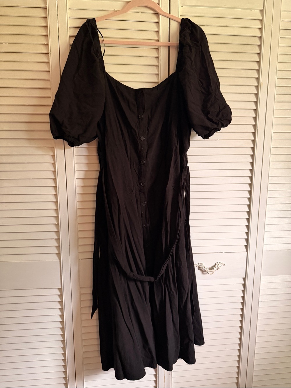 H&M Black Midi Dress with Puff Sleeves and Button Front